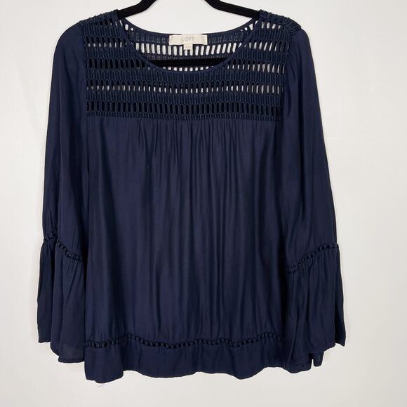 LOFT Navy Blue Medium M Eyelet Detail Long Sleeve Blouse Top Open Work Yoke - Picture 1 of 9
